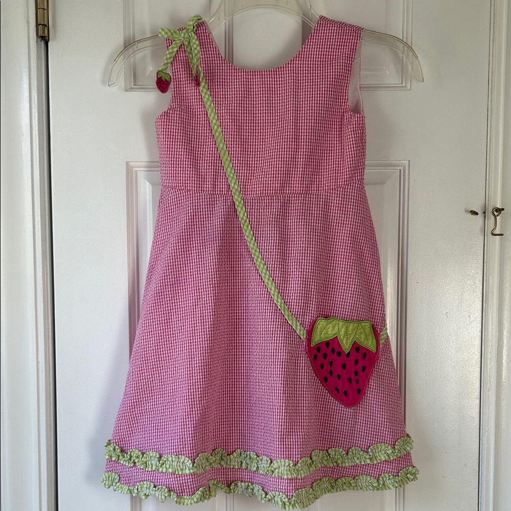 Pink Seersucker Dress with Green Strawberry Accent